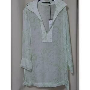 NEW Adrienne Vittadini Sheer Silk Tropical Print Tunic 3/4 Sleeves V Neck Flawed